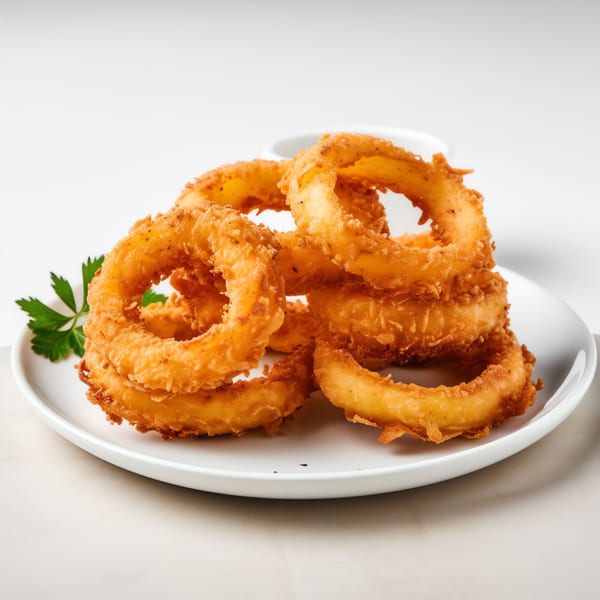 Golden-brown, crispy onion rings with a sprig of parsley on a white plate, with dipping sauce in the background.